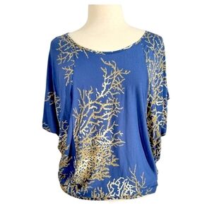 Worth Blue & Gold Vine Print Dohlman Sleeve Drape Top